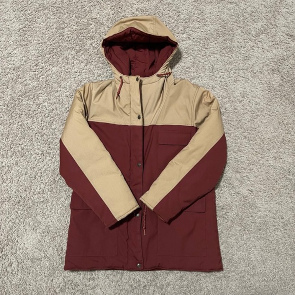 VTG London Fog Jacket Womens Large Tan Burgundy Hooded Parka 80s Coat - Picture 2 of 12
